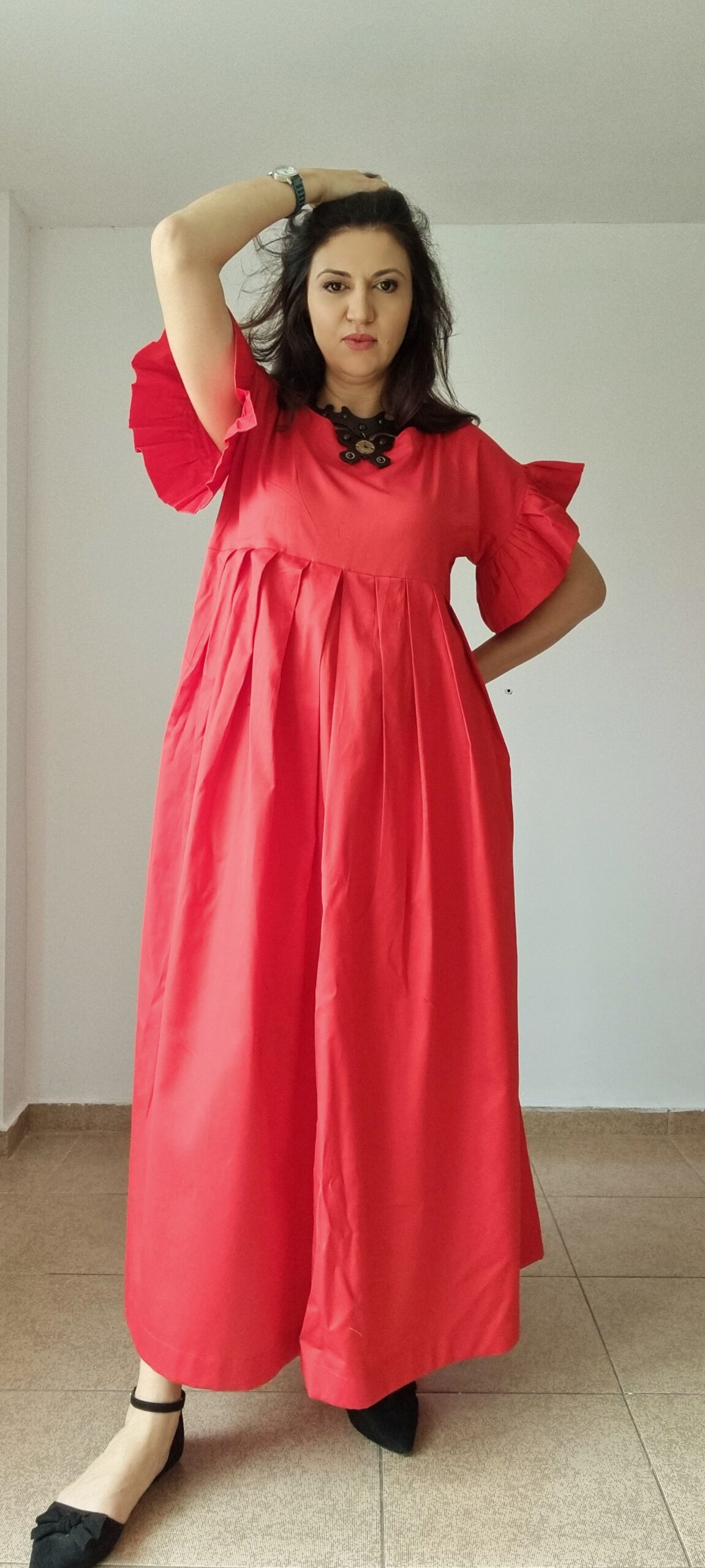 bohemian maxi pleated red dress