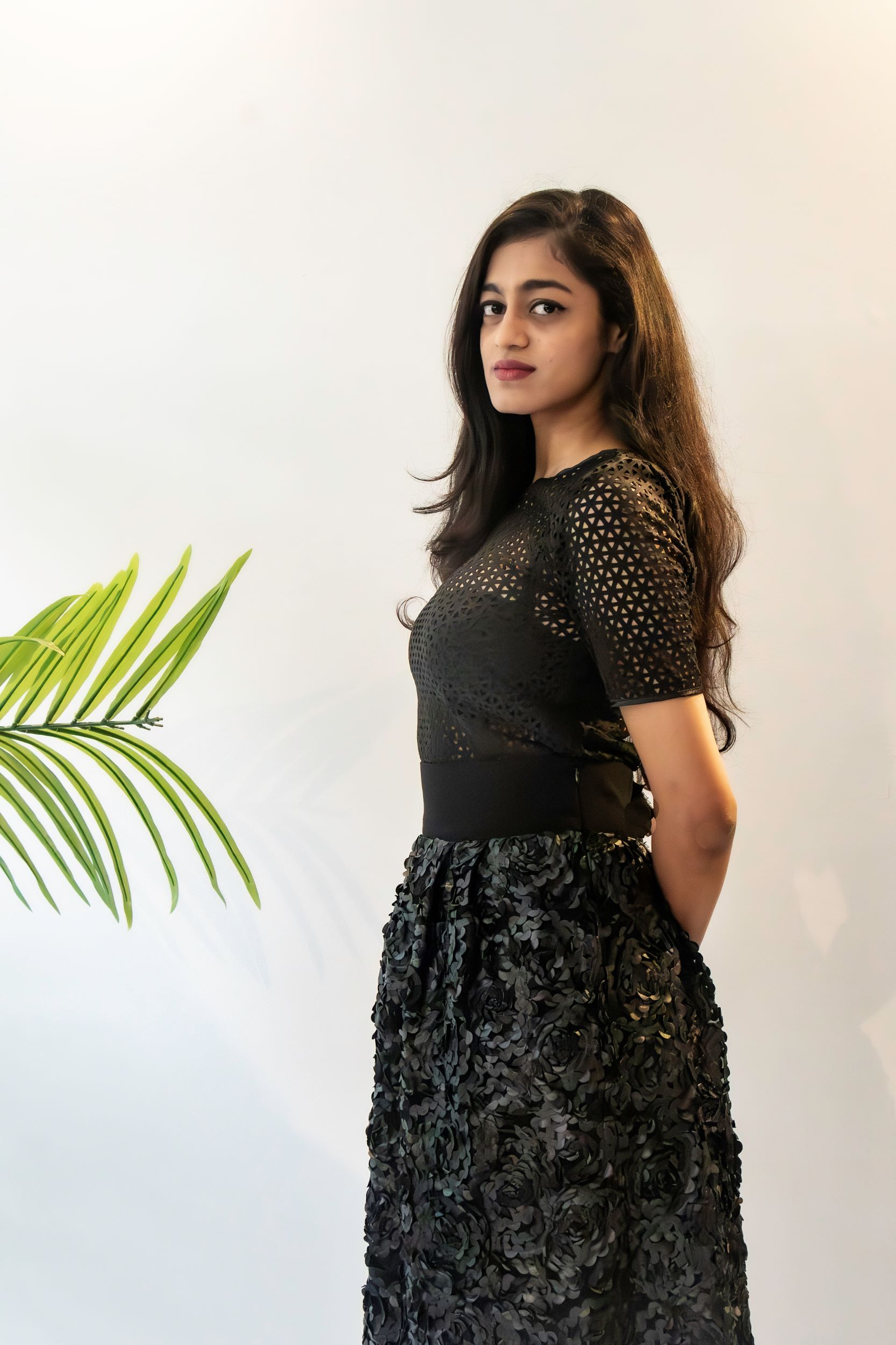 black leather midi skirt with embroidery roses- a beautiful, confident woman.
