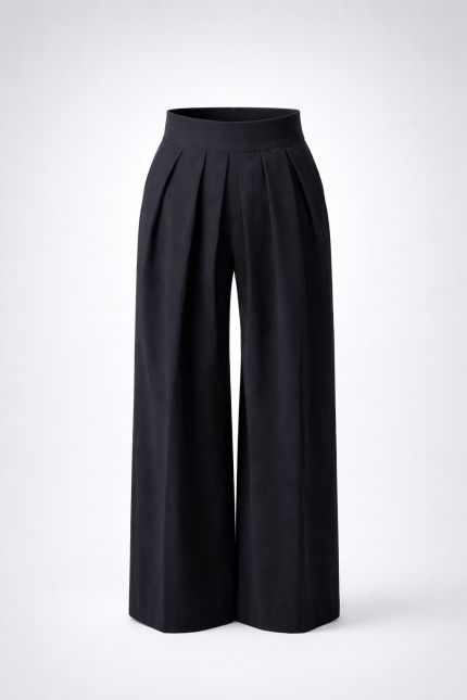 Elegant black wide-leg trousers with high waist, soft front pleats and tailored silhouette on light grey studio background – BIBI SAKALIEVA