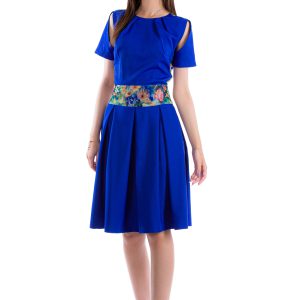 Cut-out Half-sleeved Pleated Dress in fabulous royal blue.