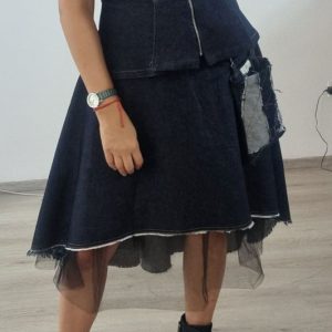  Denim Asymmetric  Midi Skirt
