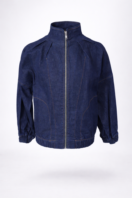 Denim bomber jacket dark indigo premium denim with elastic hem, cuffs and metal zipper – designer unisex outerwear by BIBI SAKALIEVA