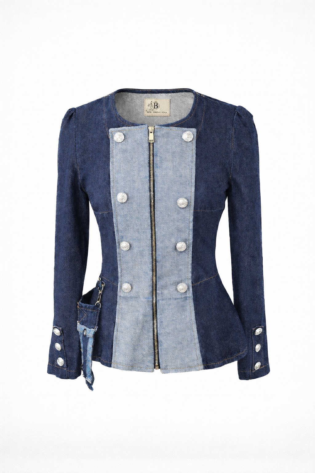 denim military style jacket front Designer military Style denim Jacket by Bibi Sakalieva