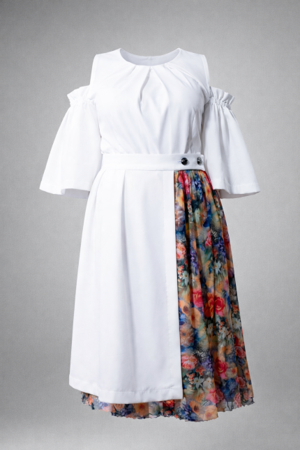 Elegant white dress with ruffled sleeves and removable floral kilt skirt