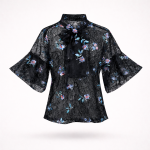 Elegant sheer black lace blouse with bell sleeves and bow neckline, romantic designer top by BIBI SAKALIEVA