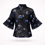 Elegant sheer black lace blouse with bell sleeves and bow neckline, romantic designer top by BIBI SAKALIEVA