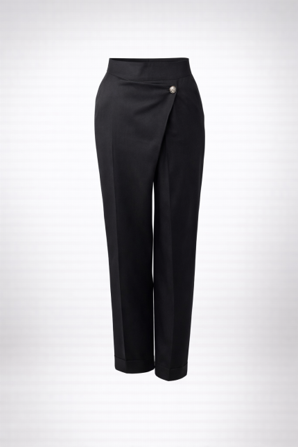 black trousers for women with wrap front overlap asymmetric waist and cuffed hem by BIBI SAKALIEVA