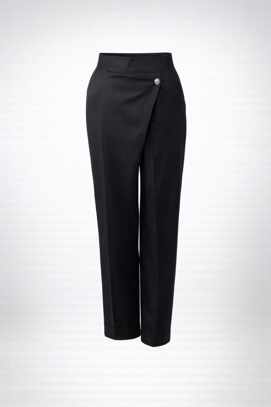 black trousers for women with wrap front overlap asymmetric waist and cuffed hem by BIBI SAKALIEVA