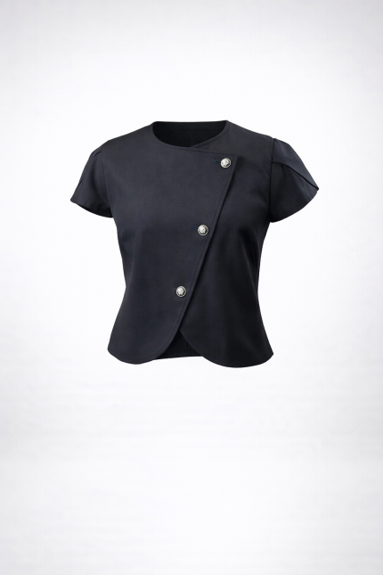 black asymmetrical jacket with tulip sleeves and button detail by BIBI SAKALIEVA