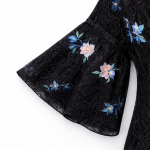 Elegant sheer black lace blouse with bell sleeves and bow neckline, romantic designer top by BIBI SAKALIEVA