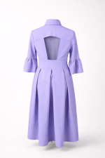 Elegant purple viscose midi dress with open back and bell sleeves