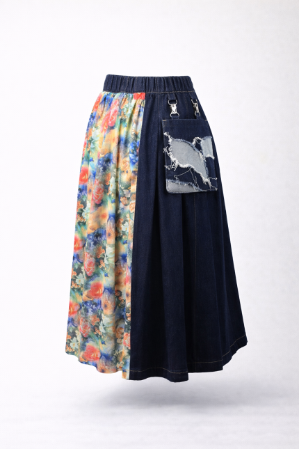 denim maxi kilt skirt front view pleated designer skirt BIBI SAKALIEVA