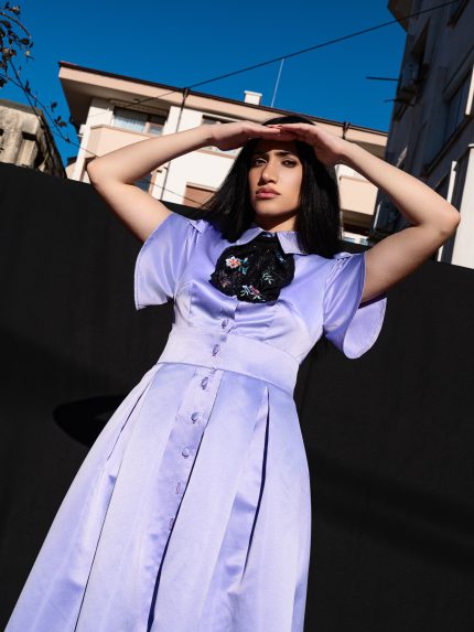 Lavender midi dress with jabot and tulle underskirt, elegant handmade design by BIBI SAKALIEVA