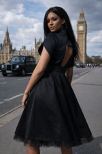 Premium Designer black midi dress with tulip sleeves and removable tulle skirt, side view