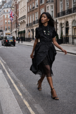 Premium Designer black midi dress with tulip sleeves and removable tulle skirt, side view