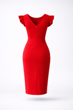 red elegant knee-length dress with pleated waist and refined feminine silhouette on light grey studio background