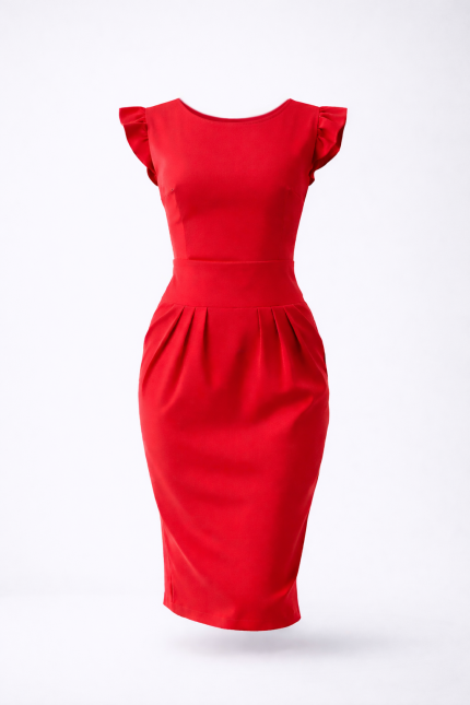 red elegant knee-length dress with pleated waist and refined feminine silhouette on light grey studio background