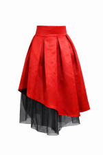 True red asymmetric satin midi skirt with pleats and black tulle lining by BIBI SAKALIEVA elegant feminine silhouette