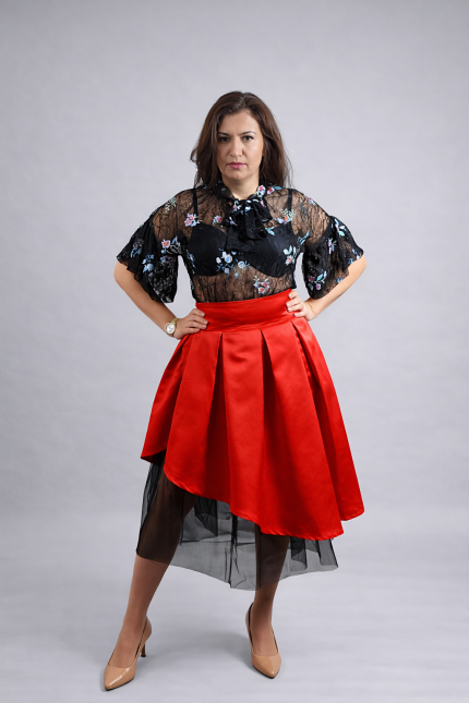 True red asymmetric satin midi skirt with pleats and black tulle lining by BIBI SAKALIEVA elegant feminine silhouette