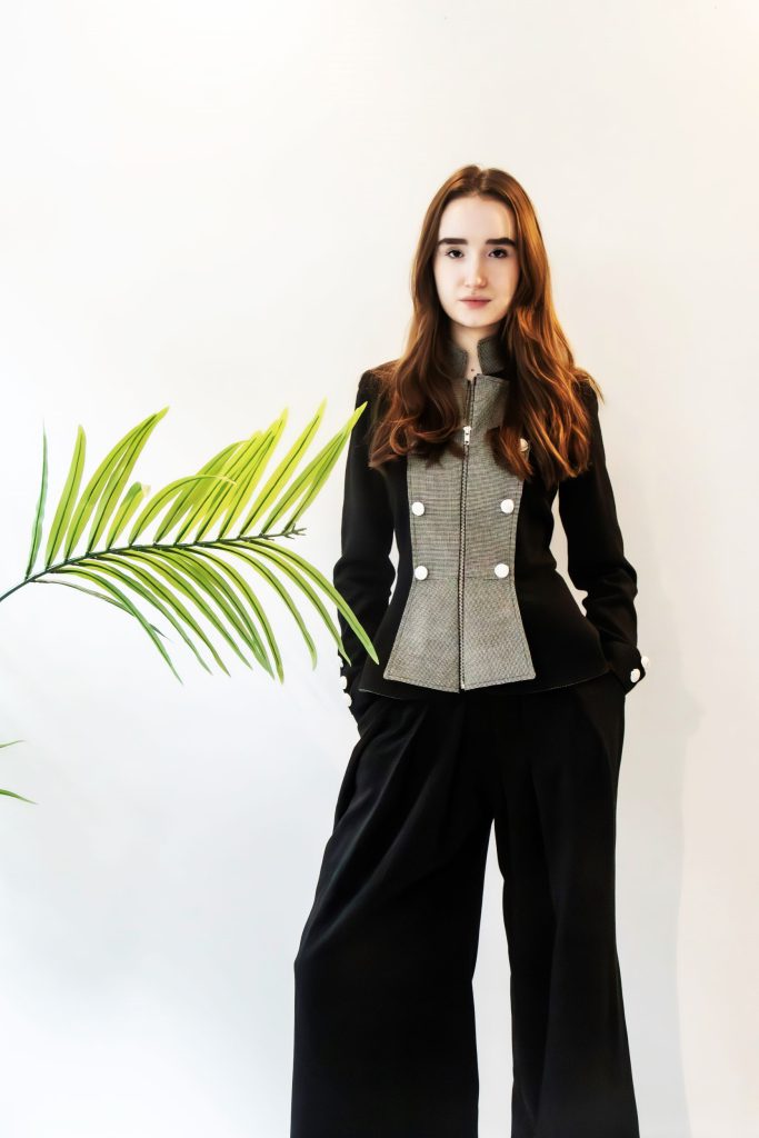 Wool military style jacket for women with peplum hem, contrast micro-check front panel and stand collar by BIBI SAKALIEVA