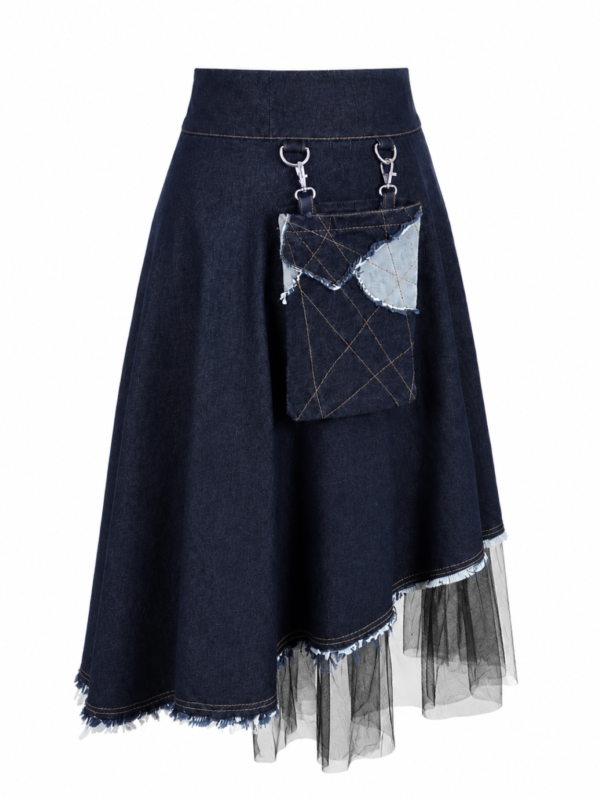 Asymmetric denim midi skirt with black tulle and removable patchwork pocket by BIBI SAKALIEVA