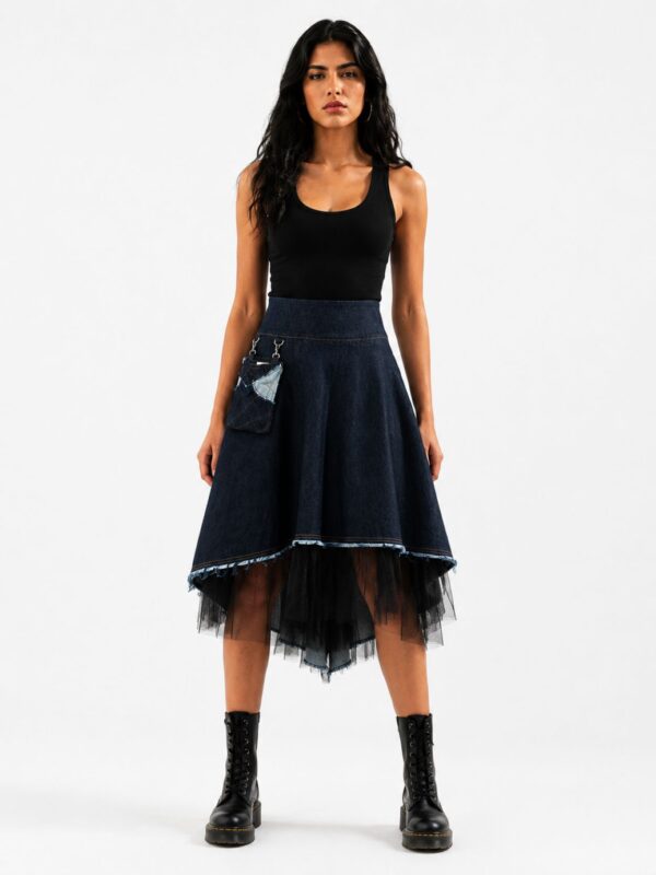 Asymmetric denim midi skirt with black tulle and removable patchwork pocket by BIBI SAKALIEVA