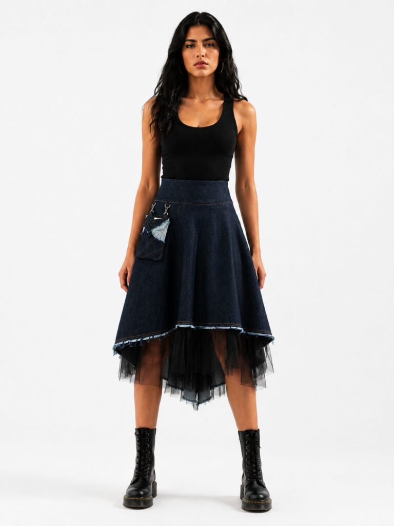 Asymmetric denim midi skirt with black tulle and removable patchwork pocket by BIBI SAKALIEVA