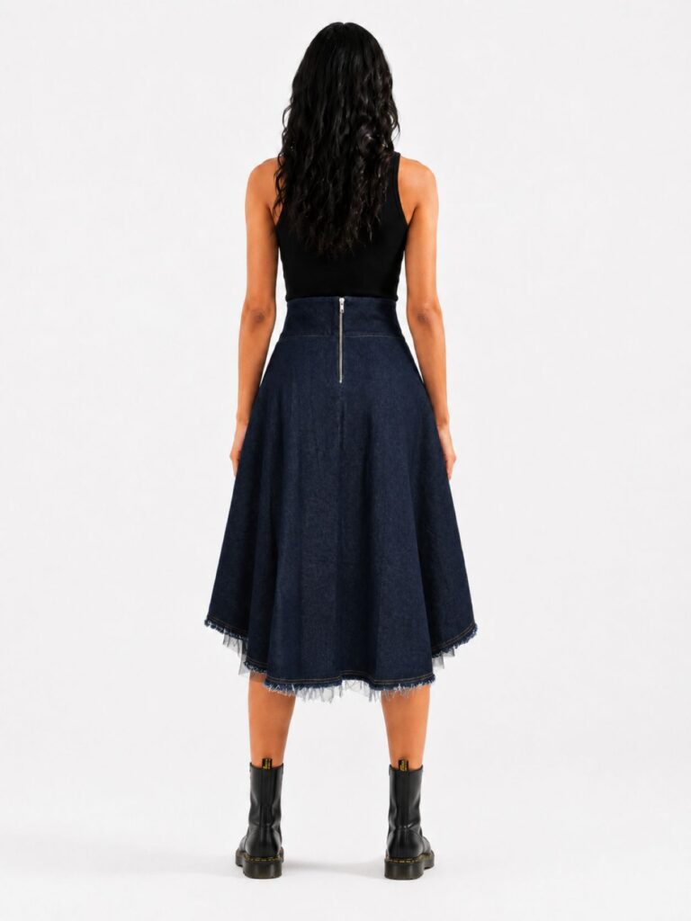 Asymmetric denim midi skirt with black tulle and removable patchwork pocket by BIBI SAKALIEVA