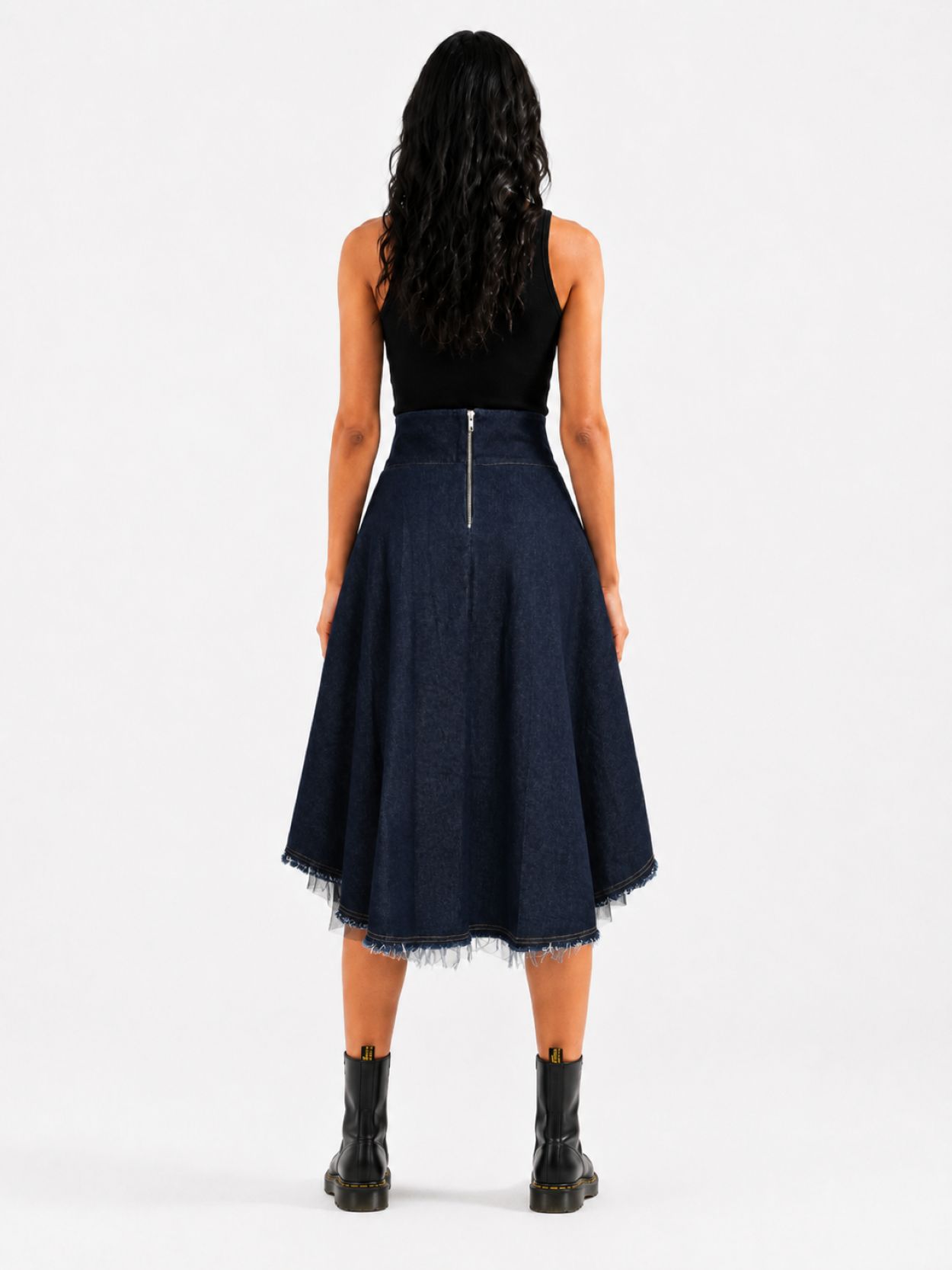 Asymmetric denim midi skirt with black tulle and removable patchwork pocket by BIBI SAKALIEVA