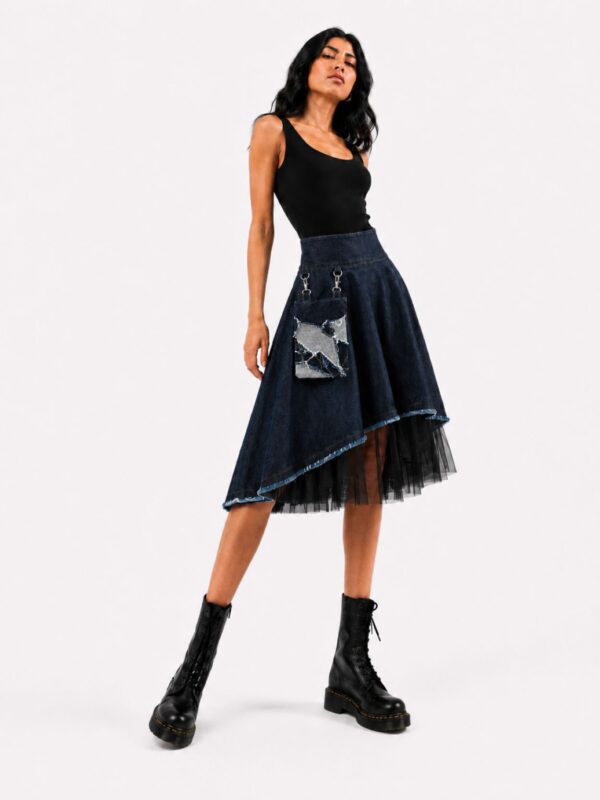 Asymmetric denim midi skirt with black tulle and removable patchwork pocket by BIBI SAKALIEVA