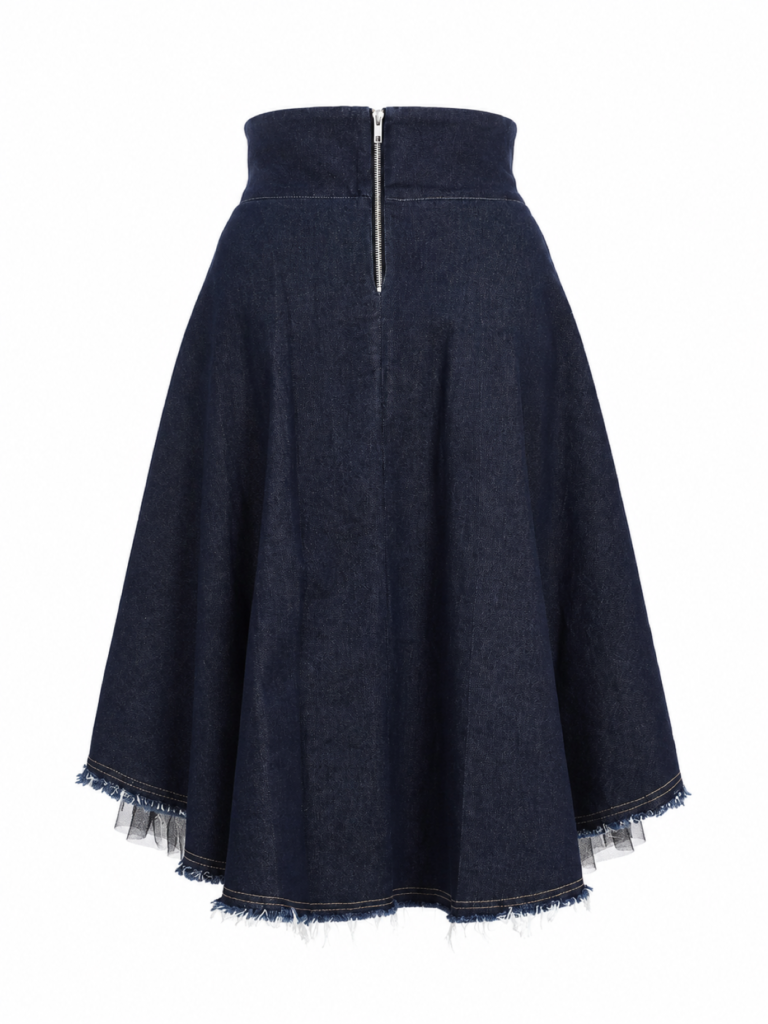 Asymmetric denim midi skirt with black tulle and removable patchwork pocket by BIBI SAKALIEVA