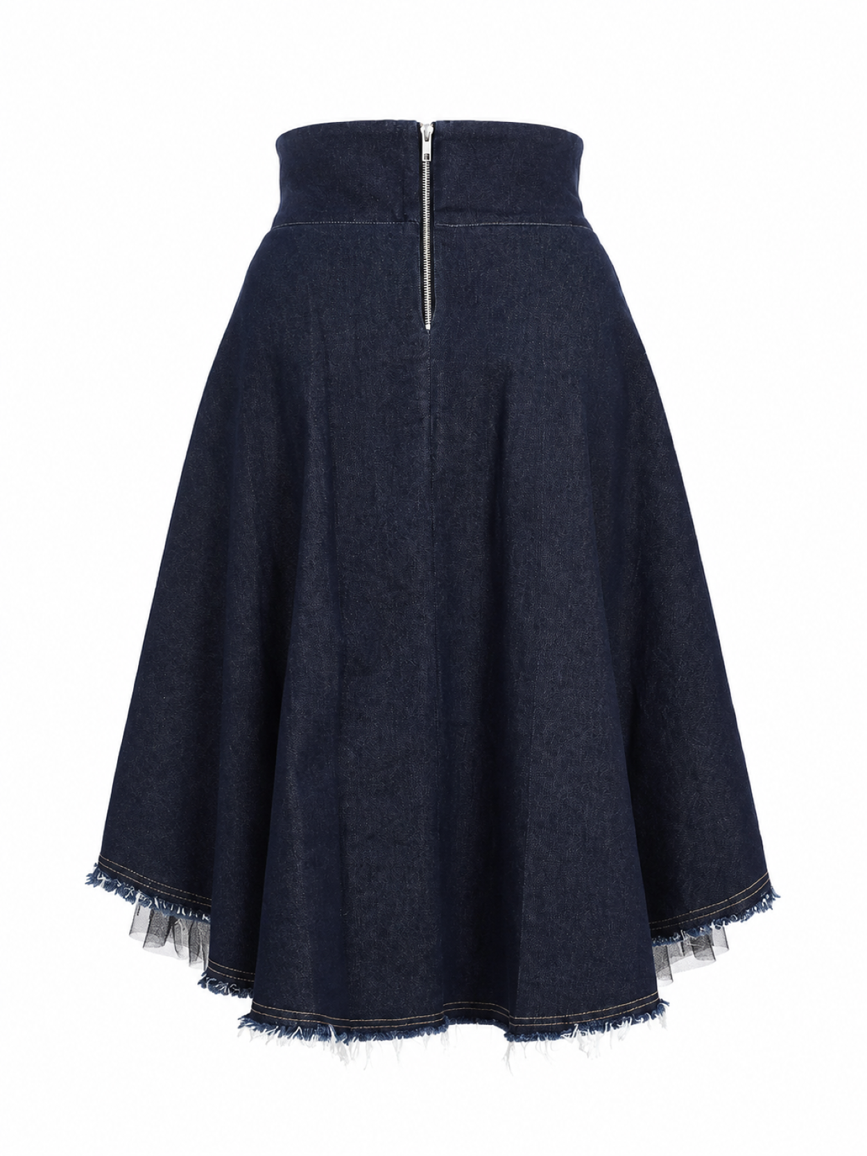 Asymmetric denim midi skirt with black tulle and removable patchwork pocket by BIBI SAKALIEVA