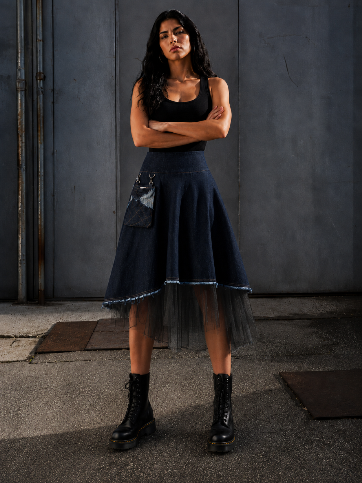 Asymmetric denim midi skirt with black tulle and removable patchwork pocket by BIBI SAKALIEVA