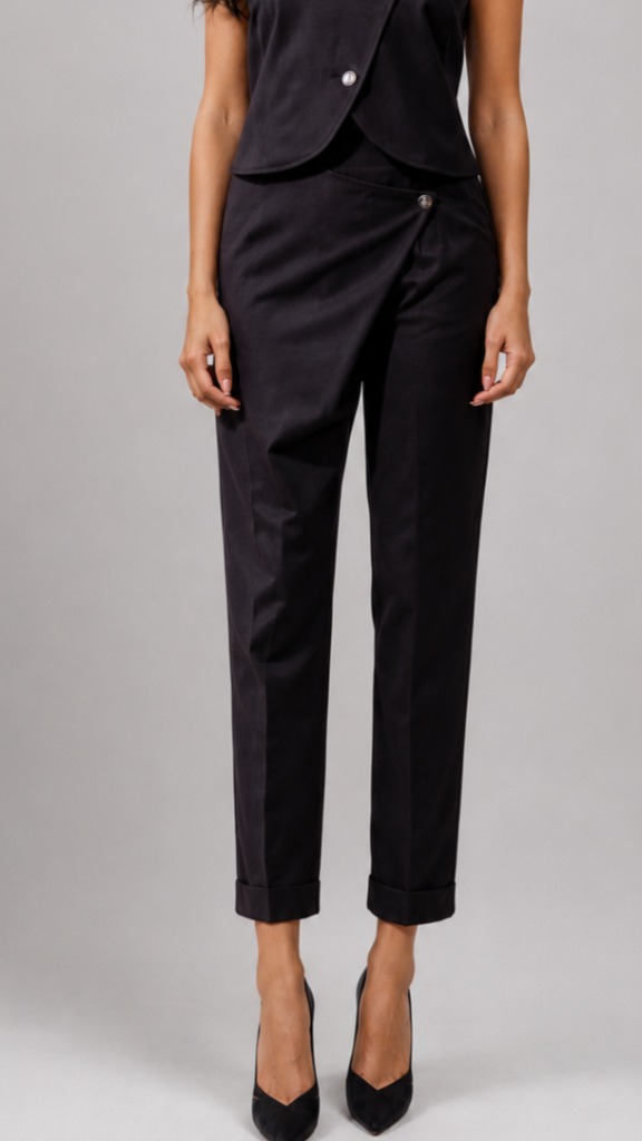 Black Asymmetric Waist Trousers with Cuffed Hem