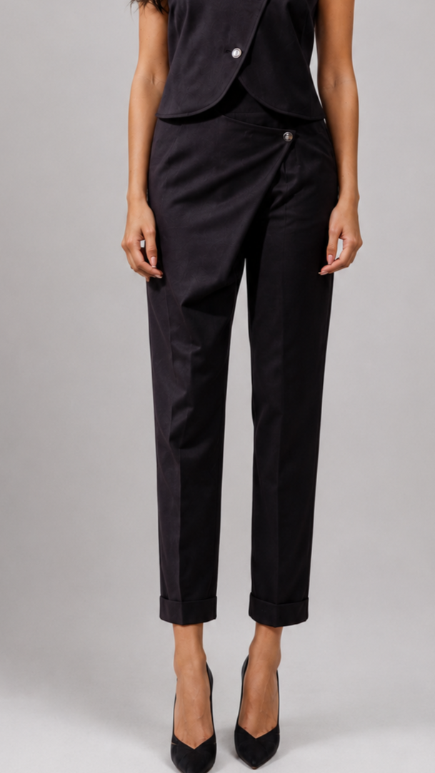 Black Asymmetric Waist Trousers with Cuffed Hem - Image 2