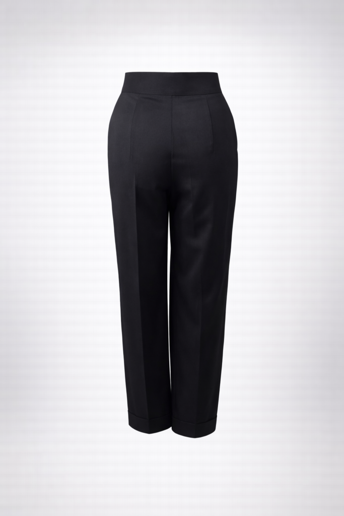 Elegant black asymmetric trousers with high waist and above-ankle length