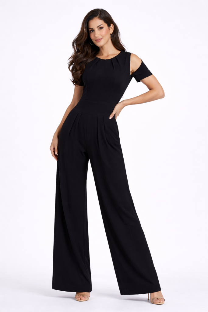 Black wide leg jumpsuit with Shoulder Cut-Outs  -outs features a softly