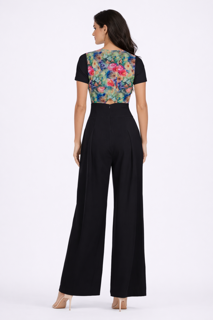 Black Jumpsuit with Shoulder Cut-Outs -outs features a softly
