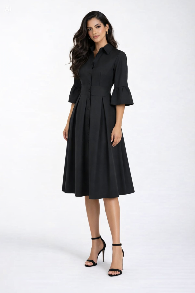 Women’s black open back midi dress with soft bell sleeves