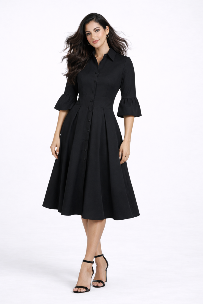 Black Open Back Midi Dress with Bell Sleeves