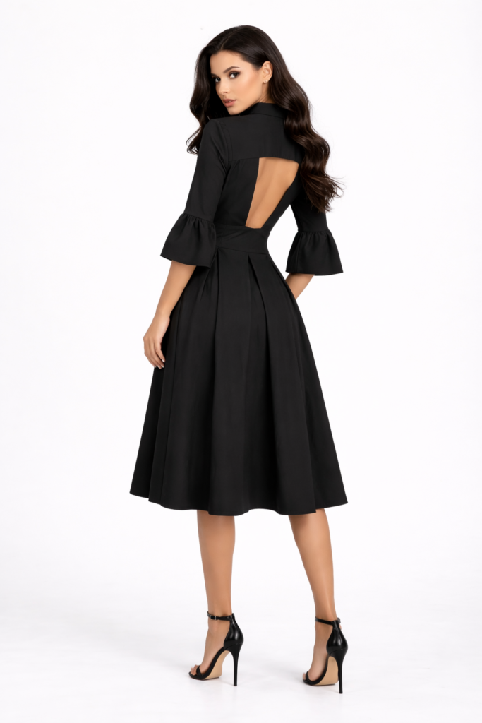 Women’s black open back midi dress with soft bell sleeves