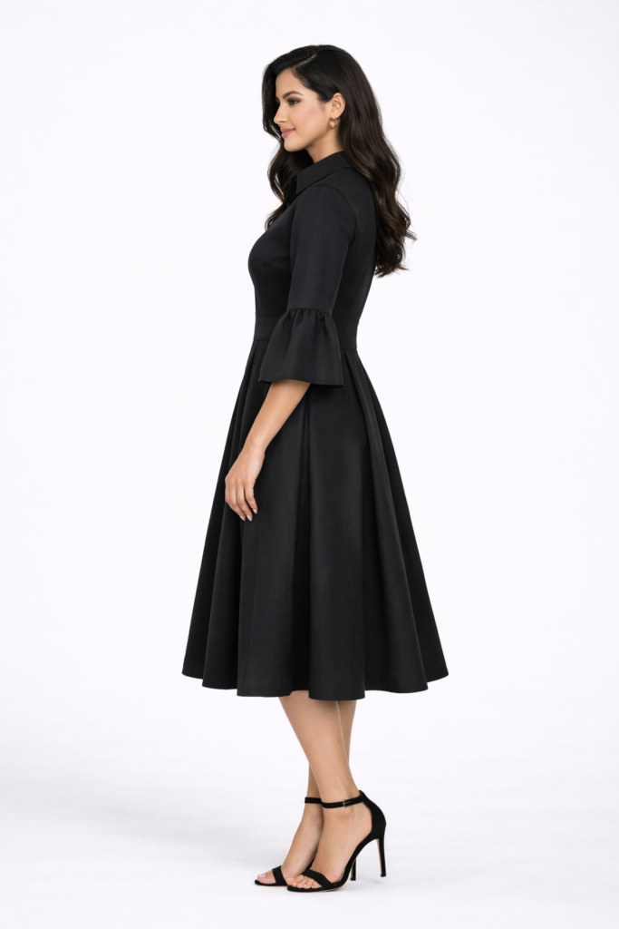 Women’s black open back midi dress with soft bell sleeves