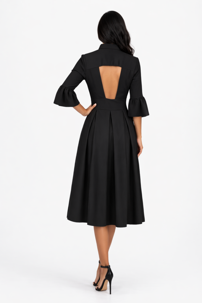 Women’s black open back midi dress with soft bell sleeves