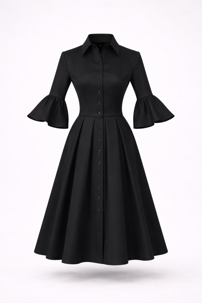 Women’s black open back midi dress with soft bell sleeves
