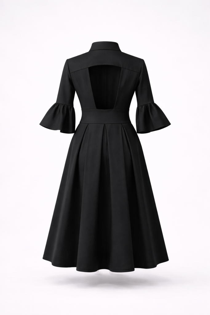 Women’s black open back midi dress with soft bell sleeves