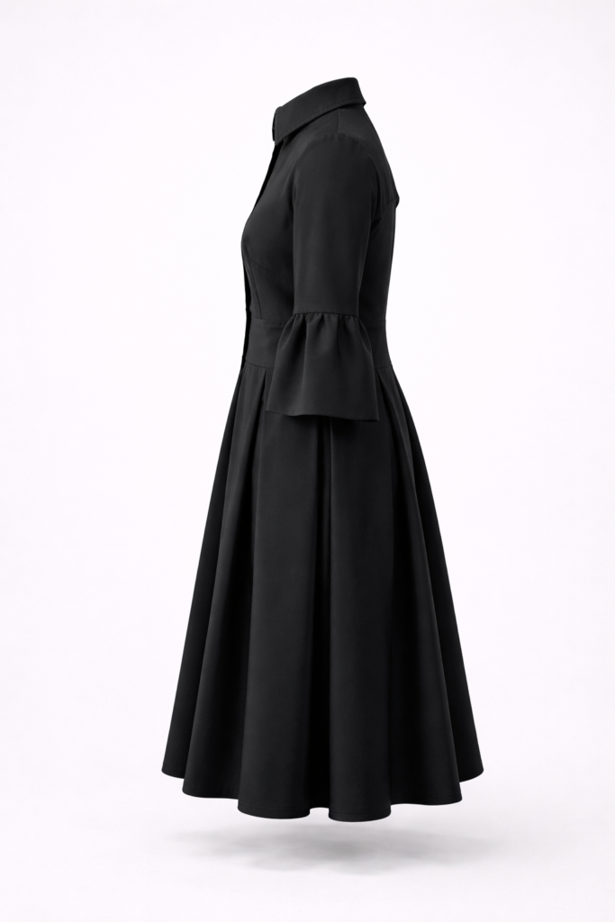 Women’s black open back midi dress with soft bell sleeves