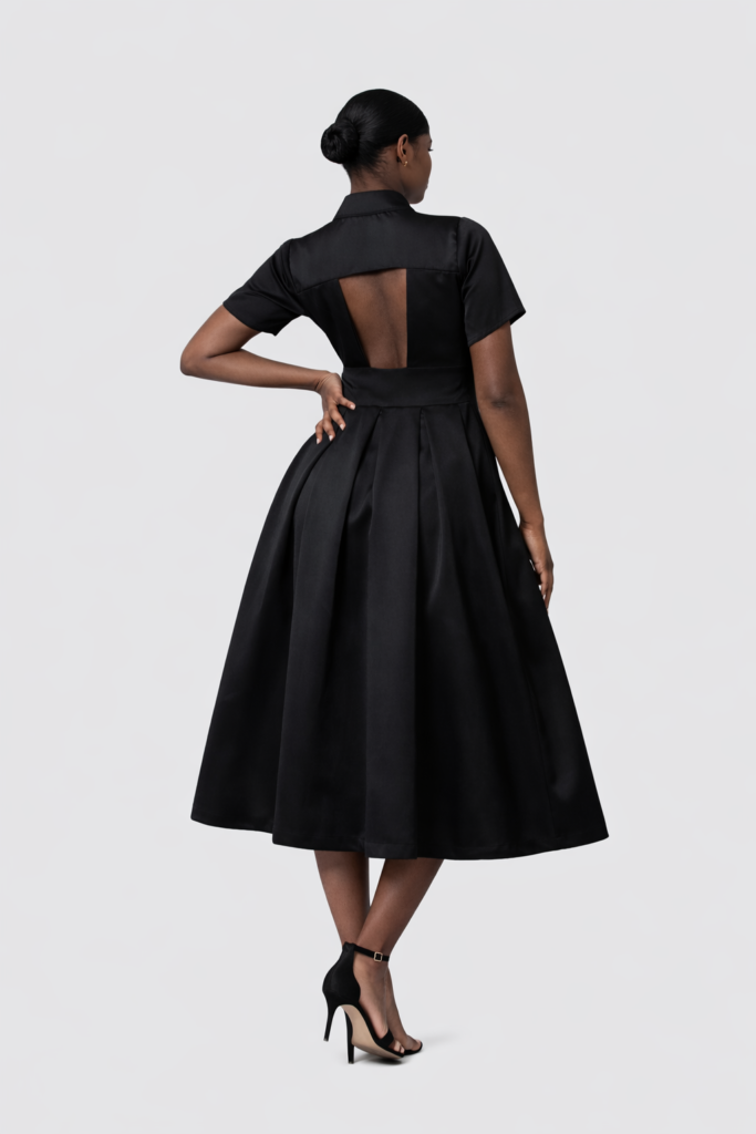 Black Midi Dress with Open Back and Removable Tulle Skirt