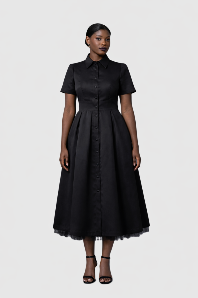 Black Midi Dress with Open Back and Removable Tulle Skirt