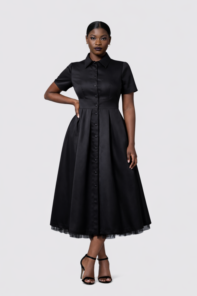 Black Midi Dress with Open Back and Removable Tulle Skirt
