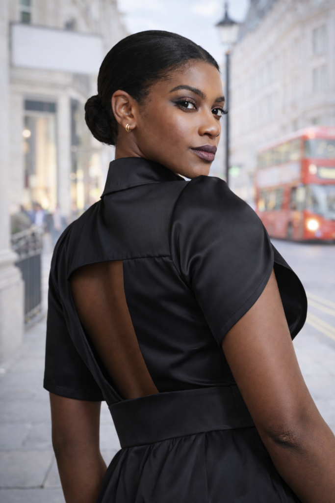 Black open back satin midi dress with detachable jabot by BIBI SAKALIEVA